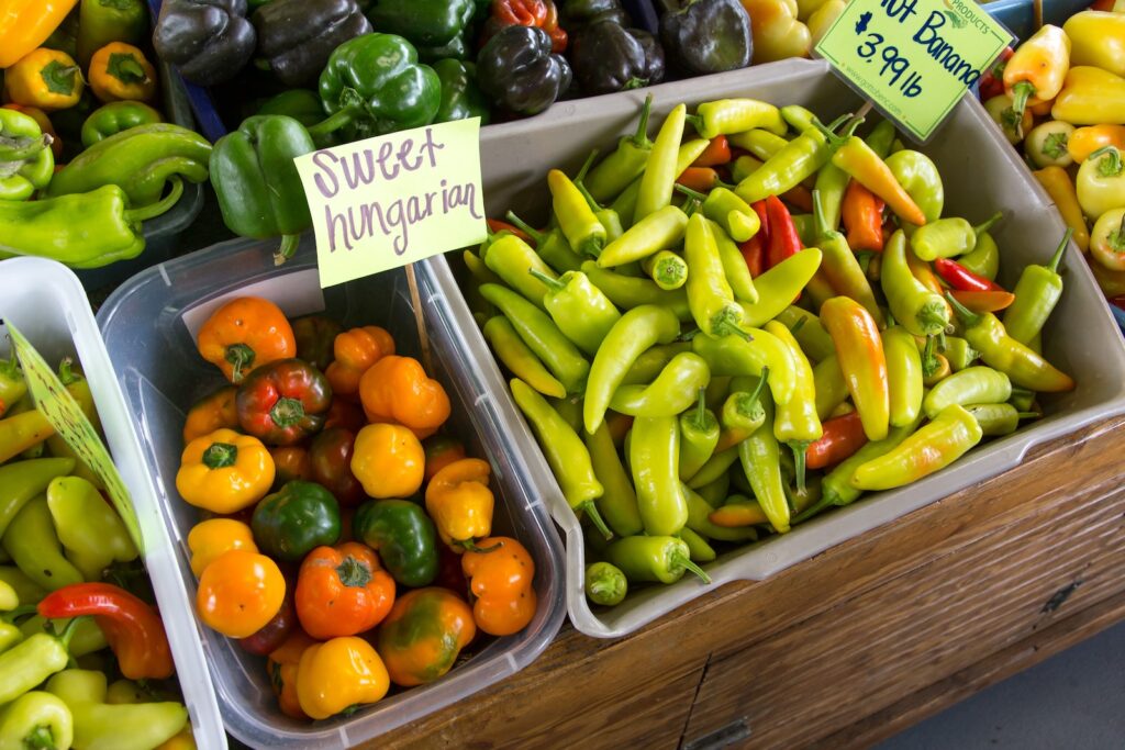 Assorted Peppers on Display at a farmer's market